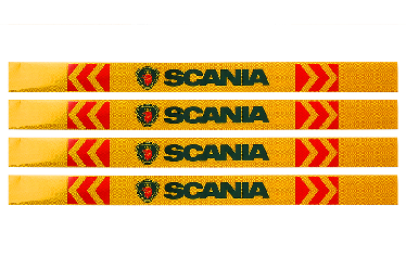 Наклейка Лента желтая светоотражающая SCANIA (с зеленой надписью), 0,65м (комплект 4 шт.)